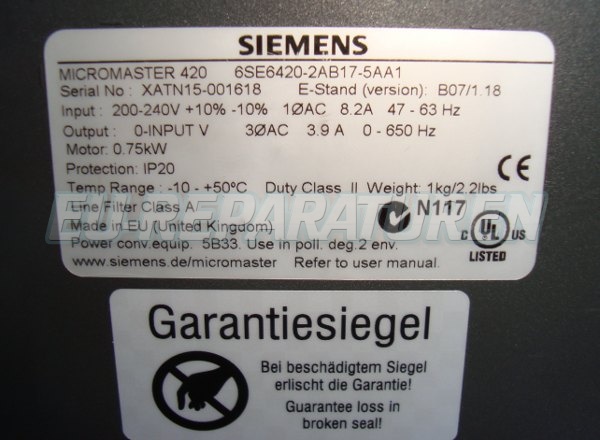 SHOP, Kaufen: SIEMENS 6SE6420-2AB17-5AA FREQUENZUMFORMER