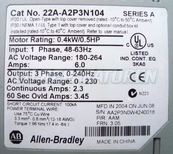 SHOP, Kaufen: ALLEN-BRADLEY 22A-A2P3N104 FREQUENZUMFORMER