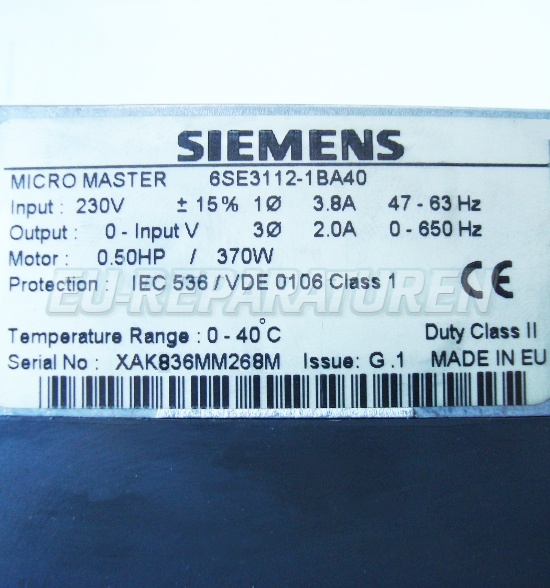 Typenschild Siemens 6se3112-1ba40