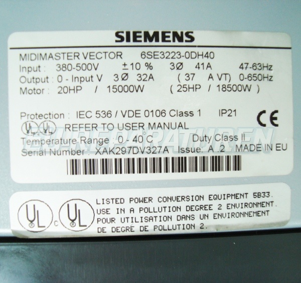 Typenschild Siemens 6se3223-0dh40
