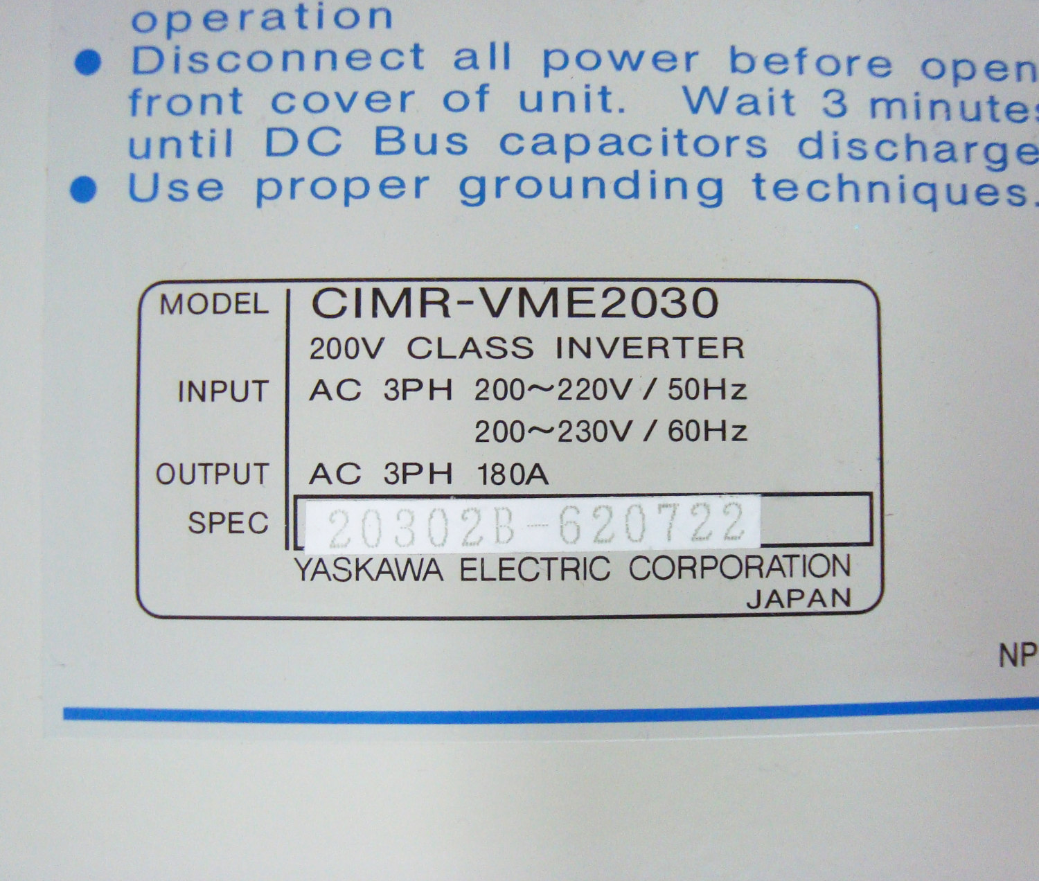 Spec 20302b-620722 Yaskawa CIMR-VME2030