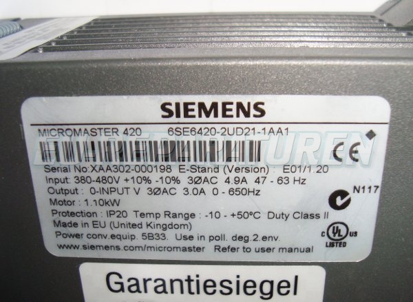 Typenschild Siemens 1.10kw 6SE6420-2UD21-1AA1